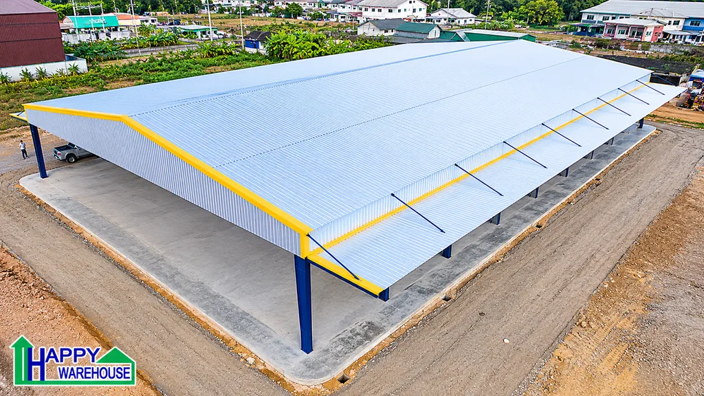 รับสร้างโกดังสำเร็จรูป นครปฐม โครงสร้างเหล็ก Built-up Beam รุ่น HW-HB ขนาด 32 × 54 เมตร